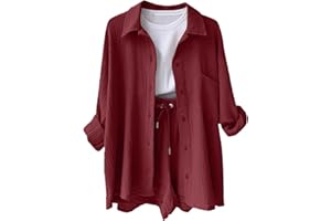 GÉNÉRIQUE Femme Ensemble de Survêtement Short Coton et Lin Chic Chemisier + Pantalon de Joggings Tenue de Sport Décontracté Streetwear Casual Couleur Unie Hauts Lâche Respirant Chemise Tops