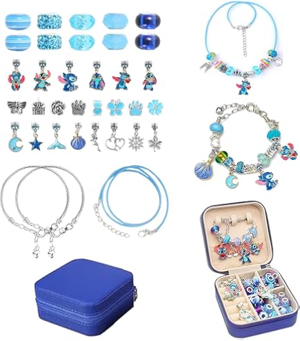 HOAQPPOY Kit De Bracelets Et Collier Stitch – Perles Et Boîte à Bijoux – Cadeau DIY Enfant 7 à 14 Ans – Bleu