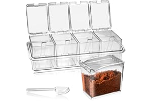 KBNIAN 4 pcs Caja para Condimentos Caja para Especias de AcríLico Dispensador de Especias Transparente con Tapas Contenedor Condimentos con 4 Cucharas y Bandeja para Sal Pimienta Azúcar Especias