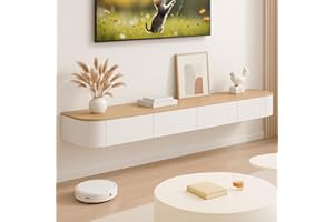 RIBANEDY Mueble TV Suspendido Moderna | Consola de Medios de Entretenimiento Montada en la Pared | Banco de TV con Gran Capacidad de Almacenamiento para Sala de Estar y Oficina (Blanco + madera, 180cm)