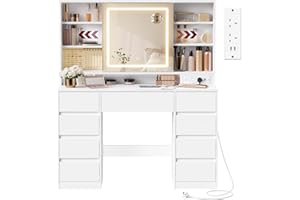 VASAGLE KAILYN Collection - Dressing Table with LED Mirror, Vanity Desk with Power Outlets, 9 Drawers, 10x Magnifying Mirror, 3 Light Colours, Toolless Slide Rail Assembly, Cloud White RDT137W02