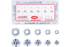 105 szt. czterozębne nakrętki z tektury, JatilEr T-Nuts 4 szlifowane ocynkowane nakrętki ze stali węglowej M4 M5 M6 M8 M10 wkładka gwintowana zestaw nakrętek T do drewna, uchwytów wspinaczkowych, mebli