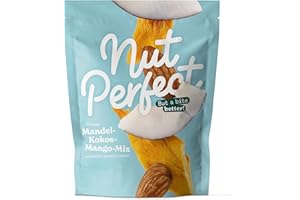 NUT PERFECT BUT A BITE BETTER! Nut Perfect | Mandel-Kokos-Mango-Mix| naturbelassen | tropisch-fruchtiges Geschmackserlebnis | fruchtig-säuerlicher Snack| kürzere Transportwege durch Anbau und Verarbeitung vor Ort | 100g