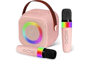 NFHKPA Karaoke con Microfono Bambini, Portatile Bluetooth Mini Karaoke per Bambini con 2 Microfoni Wireless, Microfono per Bambini con Luce LED ed Effetti Che cambiano la Voce, per Casa Festa Regalo (Rosa-2)