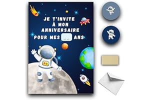 RXLITE Kit créatif de 10 Cartes d'invitation anniversaire à gratter thème astronaute en français: 10 Cartons, 10 enveloppes blanches, 10 stickers et 10 autocollants dorés