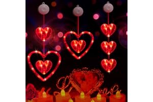 Homeleo 3 PCS Heart Shaped Window Lights for Valentines Decorations, Romantic Red Heart Battery Hanging Lights w/Suction Cup for Anniversary Party Favor Wedding Classroom Bedroom Valentines Day Decor