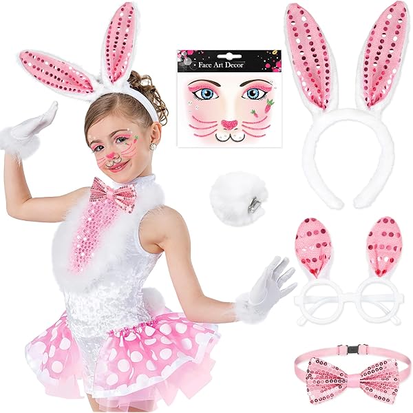 Conjunto de disfraz de conejo de Pascua, accesorios para Cosplay, pajarita y diadema con orejas de cola, moderno para fiestas temáticas de animales de 5 piezas | en línea