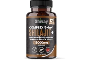 Shilajit 16000mg Complex 5 in 1 with Ashwagandha + Lions Mane | 120 Vegan Capsules - 4 Month Supply | High Strength Pure Himalayan Shilajit | Rich in Fulvic Acid | Made in UK by Shivay Herbals