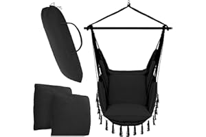 VITA5 Fotel wiszący do użytku na zewnątrz – stabilny i bezpieczny fotel wiszący, stylowy fotel wiszący do wnętrz, łatwy w montażu fotel wiszący, wygodna dekoracja pomieszczenia w stylu boho, nośność 225 kg (czarny)