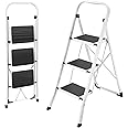 HBTower Step Ladder, Step Stool with Non-Slip Pedal, Portable Robust Ladder with Handrails, Perfect for Kitchen and Household, 150 kg Capacity (White, 3 Steps)