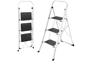 HBTower Escabeau 3 Marches Pliable, Escabeau Fait en Acier Alliage, Marches Antidérapantes, Épaisseur Pliée 4,5 cm, Charge 150 kg, sans Montage – pour Cuisine, Garage & Bureau