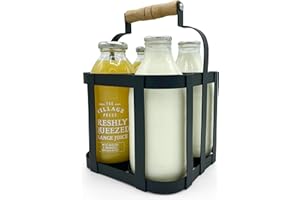KITCHENELLA Milk Bottle Holder Doorstep in Black Metal with Wooden Handle - Carrier Fits 4 Standard Pint Sized UK Milk Bottles Vintage Retro Traditional Design