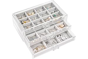 ProCase Porta Orecchini Organizer, Porta Gioielli da Cassetto con Divisori Regolabili, Porta Orecchini Chiuso da Camera, Vassoi per Gioielli Anelli Orecchini 3 Strati - Grigio