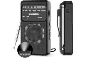 SEANCHEER S-332 Transistor Radio FM Am, Excelente Señal, Radio Portatil Pequeña Funciona con Pilas AA, Mini Radios de Bolsillo con Clip Trasero/Linterna para Caminar, Acampar.