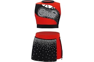 inlzdz Kids Cheerleading Outfits Girls Cheerleading Rhinestones Crop Top with Skirt Cheer Dance Uniform Costume