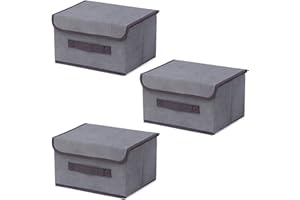 EURXLQ 3 Składane pudełko do przechowywania z pokrywką Składany pojemnik do z lnianej tkaniny z klapką i uchwytami, koc na ubrania do Domu, Szafa (Szary, 26×19×16 cm)