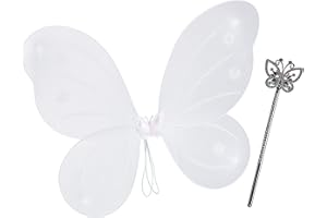 Relaxdays 10 x Fairy Wings with Wand Fairy Costume Children Wings & Sceptre Glitter Girls Fairy Set White & Silver