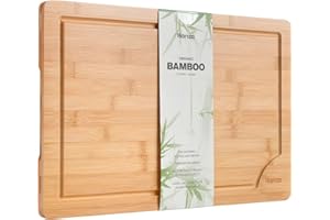 Premium Organic Bamboo Wooden Chopping Board by Harcas. Extra Large Size Cutting Board 45cm x 30cm x 2cm. Best for Meat, Vegetables, Tapas and Cheese. Professional Grade for Durability. Drip Groove