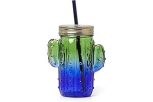 Legami - Bicchiere in Vetro con Tappo e Cannuccia, Cheers, 11x14,5 cm, 350 ml, in Vetro, Plastica, Acciaio Inox, Tema Cactus, Boccale col Manico a Forma di Pianta Grassa, Tappo a Vite (JAR0002)
