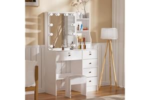 Ereousa Toeletta Trucco con Specchio e Sgabello, Postazione Make Up Robusta con Luci Dimmerabili e Guida Video, Ampia Scrivania Trucco con 6 Cassetti e 6 Ripiani, Bianco, 36×80×131 cm, H0603