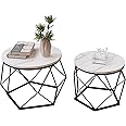 Vida Designs Brooklyn Round Coffee Tables, Set of 2 Side Tables, Modern Steel Frame Nesting Living Room Furniture (Marble)