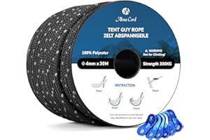 Abma Cord Tent Guy Ropes 4mm 30M Guy Line 6 Pcs Guy Rope Tensioners Heavy Duty Guide Rope for Camping, Gazebos, Awning, Tarp - Reflective Black