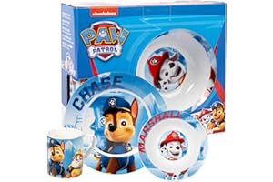 United Labels Paw Patrol 3-teiliges Geschirrset für Kinder, Blau, Frühstücksset aus Porzellan mit Teller Ø 19 cm, Tasse 220 ml und Schale 330 ml, Kindergeschirr