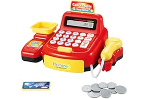 TOYHOOD Kids Toy Till Cash Register with Scanner, Real Calculator with Light and Sounds Pretend Play Shopping Till Play Food Toys Kids Shopping Till Play Money Cashier Toys for Toddler Kids Boys Girls