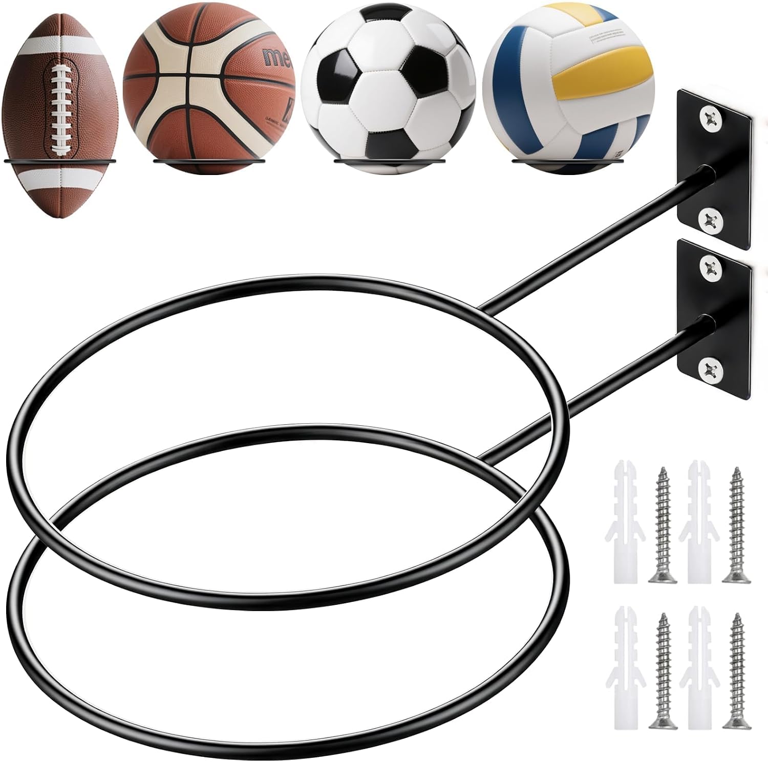 KGGZKG Soporte de pared para pelotas de metal, soporte para pelotas de baloncesto, soporte de pared con tornillos, para baloncesto, voleibol, fútbol, rugby