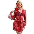 ohyeahlady Womens Sexy Lingerie Set Plus Size Babydoll Nightwear Kimono Dressing Gown Lace Robe with G-String,Belt, Size XS-6XL