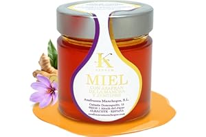 K KARKOM Miel pura de azahar con jengibre ecológico y azafrán de la Mancha, natural de abeja origen España, Miel cruda artesana con jengibre ecológico y azafrán, Premium tarro de 250 g.