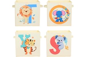 DECALSWEET Aufbewahrungsbox Kinder Große 4 Set, Zusammenklappbare Oxford-Spielzeugkiste mit Griff für Jungen Mädchen, Leichte Spielzeugorganisatoren und Aufbewahrung im Kinderzimmer, 32×32×32 cm (Süßes Tier)
