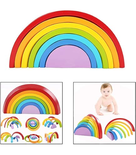 Blocchi In Legno Arcobaleno Montessori - 10 Pezzi, Giocattolo Educativo Per Bambini Dai 3 Anni, Impilabili E Colorati
