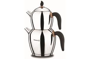 Korkmaz A214 Sehnaz - Set di teiera turca per piano cottura, in acciaio inox 18/10 con manico in bakalite, bollitore da tè stile Samovar con 1100 ml e 2300 ml