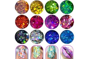 HISUNBEN 12 Couleur Poudre de Paillettes Ongles pour Nail Art Paillette Maquillage Cosmétiques Glitter Fines pour Enfant,les Loisirs Créatifs,les Travaux Manuels