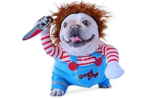 SINSEN Halloween Chucky Dog Costume Outfit with Knife Wig Funny Dog Clothes Fancy Dress Cosplay for Pet Small Medium Cat Doggy Puppy Chihuahua Dachshund (S)