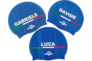 SWIMXWIN Bonnet de Natation en Silicone avec nom personnalisé | Noms Masculins Italie | Adultes et Enfants | Couleur Bleu | Bonnet de Piscine Confortable et adhérent | Style Italien et Design