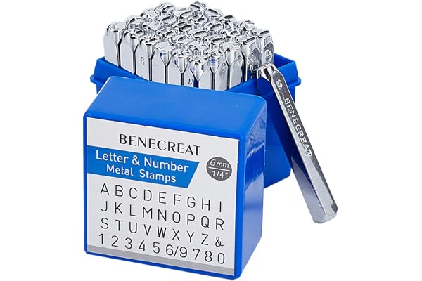 BENECREAT 36PCS 1/4" 6mm Set de tampons en métal avec lettre et chiffre en métal Tampon de poinçonnage en acier au carbone galvanisé avec A-Z, 0-8, esperluette pour l'impression du marquage