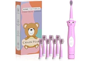 CHAIN PEAK Spazzolino elettrico sonico per bambini, spazzolino ricaricabile per bambini Spazzolino automatico per bambini dai 3 ai 12 anni con promemoria 30s, timer da 2 minuti, 6 modalità, 8 testine