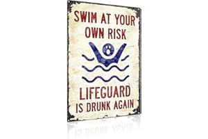 YIRUHE "SWIM AT YOUR OWN RISK" Metal tin signs, outdoor decorations, swimming pools bathroom wall decorations 12x8 Inch （2466）