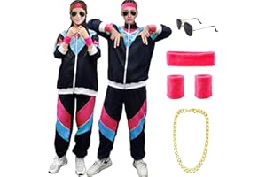 KAKAMANON 90er 80er Jahre Kostüm Erwachsene, Retro Trainingsanzug für Männer Frauen, Retro Jogginganzug mit Stirnband Armbänder Brille, 80er 90er Kostuem Anzug Paare Bad Taste Outfit für Karneval