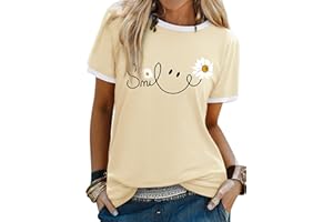 Yihelian Tshirts Women Crew Neck Top Ladies Daisy Print Short Sleeve Tee Shirt Summer Smile Letter Printed Shirts
