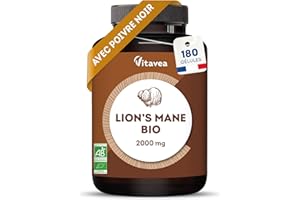 Lions Mane Champignon BIO 2000mg - 180 Gélules Vegan avec Poivre Noir - Extrait Concentré 30:1 Crinière de Lion Hericium Erinaceus - Soutien Cérébral, Mémoire, Immunité - Fabriqué en France - Vitavea