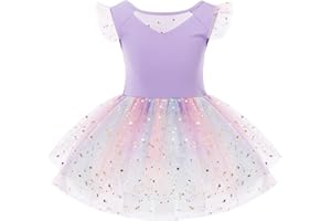 IMEKIS Child Girls Rainbow Ballet Dress Fly Sleeve Sequins Gymnastics Jersey Ballet Suit Dance Body Tulle Tutu One-Piece Ballerina Dancewear Costume