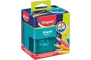 Maped - Taille-Crayon électrique à piles - 1 trou Diamètre Standard 6 à 8 mm - Taillage automatique et rapide - Avec réservoir - Bicolore