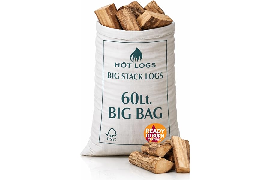 60L HARDWOOD LOGS Hotlogs Big White Bumper Bag Premium Kiln-Dried Wood – (60 Litre) - Ideal for Open fires, Fire Burning Stoves, BBQ's, Log Burners, Camping Fires, Fire Pits & Pizza Ovens.