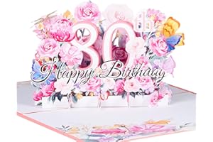 ANEWISH Kartka urodzinowa 3D na 80. urodziny, kartka pop-up na przyjęcie urodzinowe, kwiaty różowe, kartki z życzeniami Happy Birthday, kartka jubileuszowa, składana kartka z wiadomościami i kopertą