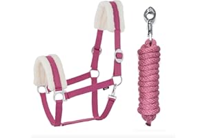 JA Horse Licol en fourrure synthétique - Avec crochet de panique réglable - Licol de cheval, cheval en bois - Corde de fixation (fourrure synthétique, hameçon de panique, rose, poney)