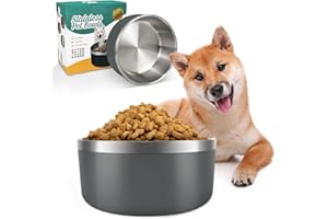 ikitchen Gamelle pour Chien pour Nourriture et Eau, 64oz, Acier Inoxydable, antidérapante, isolée à Double paroi, Robuste avec Fond en Caoutchouc pour Chiens/Chats Moyens/Grands (1,8l/8tasses, Gris)