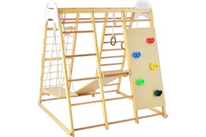 GYMAX 8 in 1 Kids Climbing Set, Indoor Playground Toddler Climber Slide Playset with Swing, Climbing Rock/Net, Monkey Bars and Rope Ladder, Wooden Climbing Toys for 3 Year Olds + (Natural)